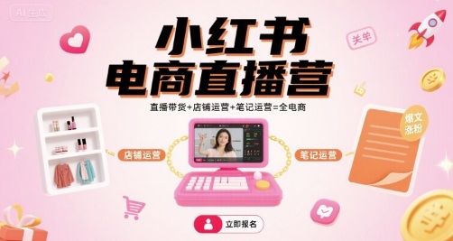 小红书电商直播营，直播带货+店铺运营+笔记运营=全电商-水水网赚