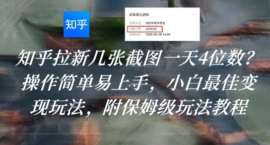 知乎拉新几张截图一天4位数？操作简单易上手，小白最佳变现玩法，附保姆级玩法教程-水水网赚