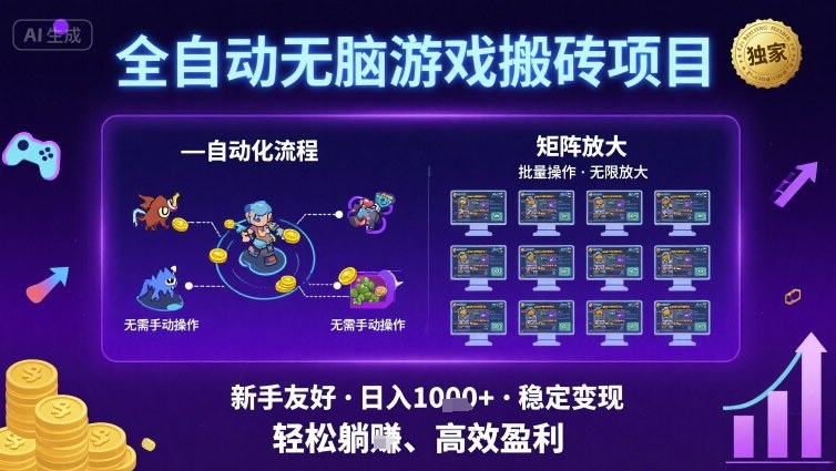 全自动无脑游戏搬砖项目，独家玩法，可批量矩阵无限放大，新手也能轻松日入1k+【揭秘】-水水网赚