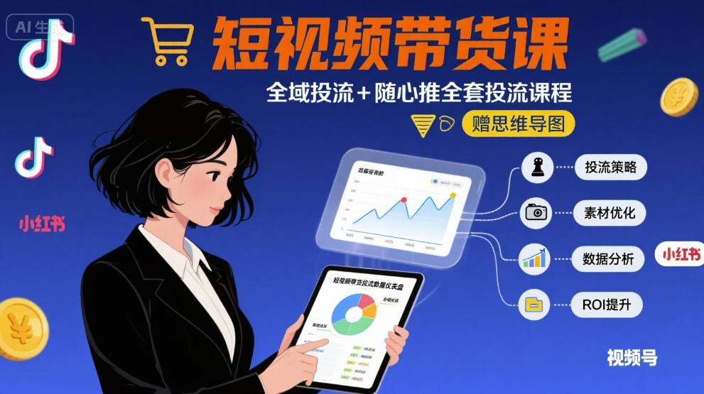 最新短视频带货课，全域投流+随心推全套投流课程+思维导图-水水网赚