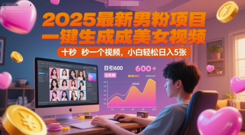2025最新男粉项目，一键生成美女视频，日引600+色粉 十秒一个视频，小白轻松日入5张【揭秘】-水水网赚