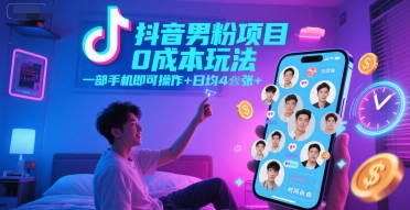 抖音男粉项目0成本玩法，一部手机即可操作，日均4张+，时间自由-水水网赚