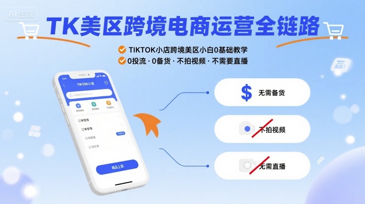 TK美区跨境电商运营全链路，TIKTOK小店跨境美区小白0基础教学，0投流0备货不拍视频不需要直播-水水网赚