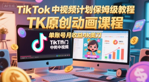 TikTok中视频计划保姆级教程，TK原创动画课程，单账号月收益4k美刀-水水网赚