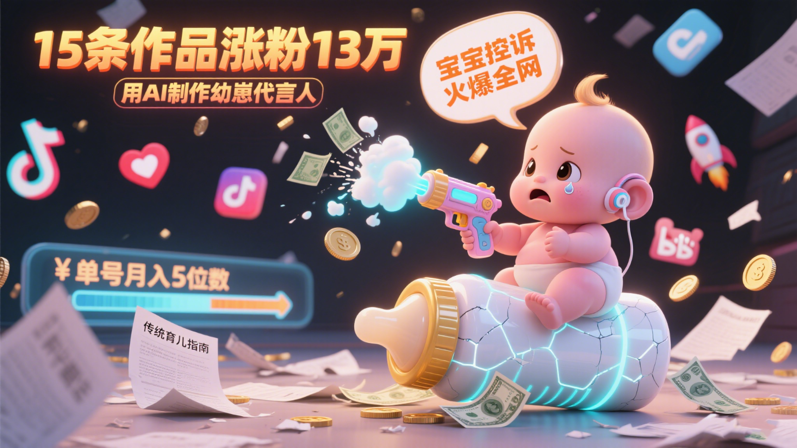 用AI制作幼崽代言人，宝宝的控诉火爆全网，15条作品涨粉13万，单号月入5位数实操教程-水水网赚