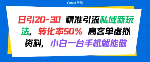 日引 20-30 精准引流私域新玩法，转化率50% 高客单虚拟资料，小白一台手机就能做-水水网赚