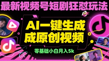 最新视频号短剧狂怼玩法，AI一键生成原创视频， 零基础小白月入5k-水水网赚