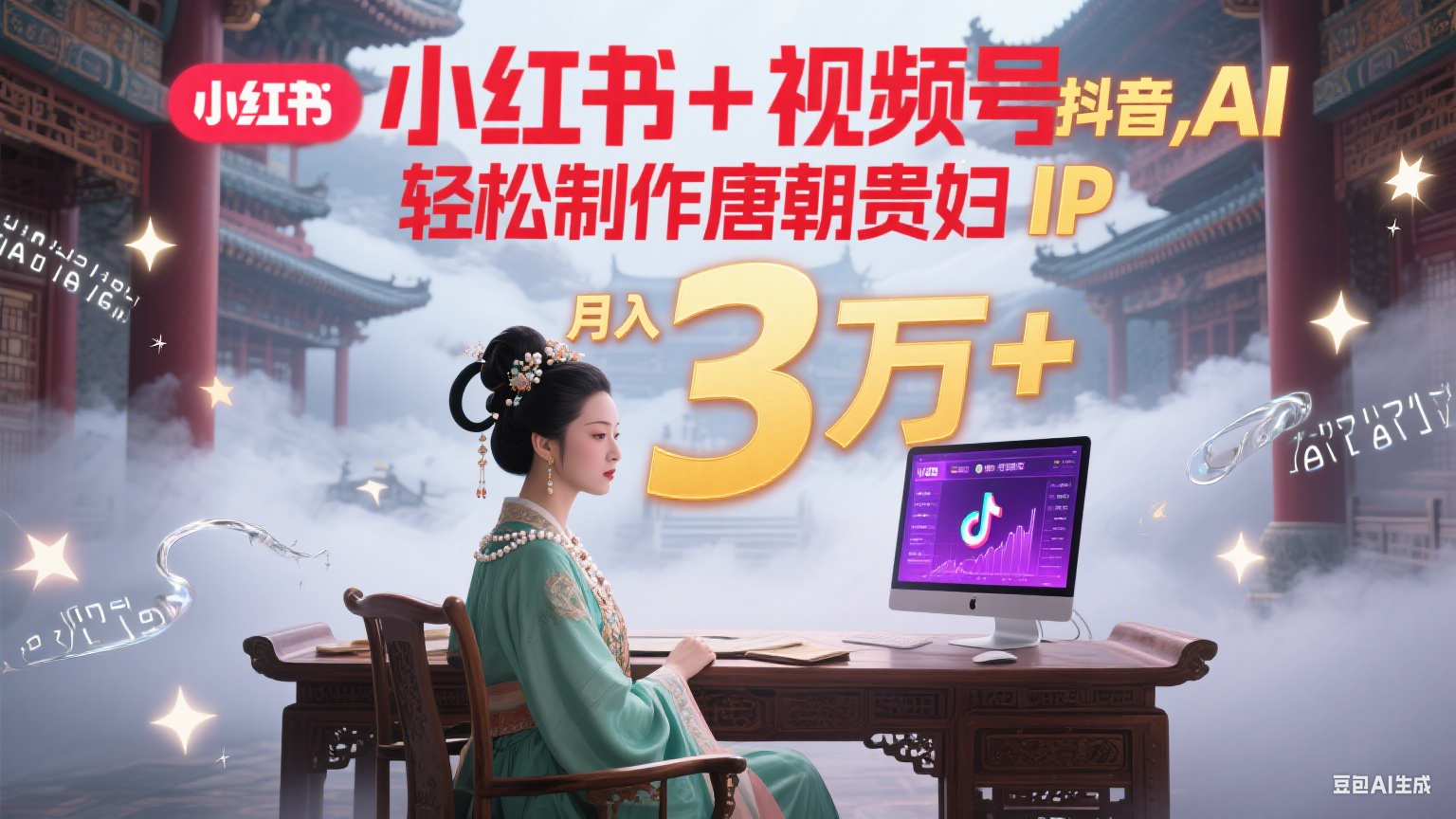 小红书+视频号+抖音，AI轻松制作唐朝贵妇IP，毒鸡汤、励志、减肥瘦身、养生赛道轻松切入，每天30分钟，轻松产出N条，月入3万+-水水网赚