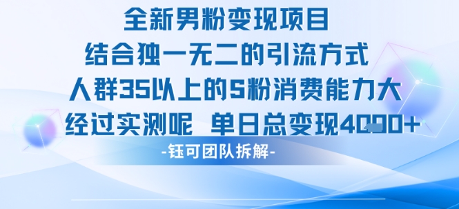 全新男粉变现项目引流人群35以上的男粉消费能力大 经过实测单日变现1k+-水水网赚