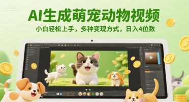 AI生成萌宠动物视频，小白轻松上手，多种变现方式，日入4位数-水水网赚