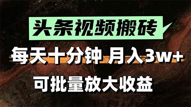 （15400期）头条视频搬砖，每天10分钟，小白轻松月入3万+，可批量放大收益-水水网赚