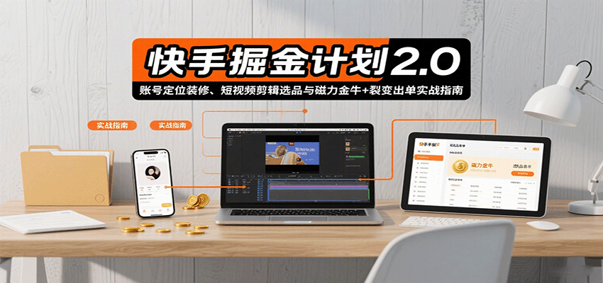 快手掘金计划2.0，账号定位装修、短视频剪辑选品与磁力金牛+裂变出单实战指南-水水网赚