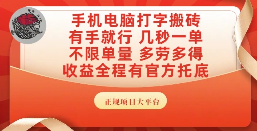手机电脑打字搬砖，副业可发展主业来做蓝海项目，有手就行，几秒一单，不限单量，多劳多得【揭秘】-水水网赚
