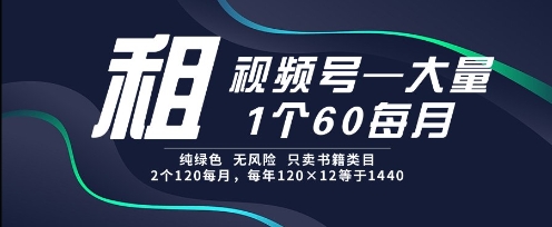 租视频号，一个60每月，2个120.纯绿色、无风险，常年租【揭秘】-水水网赚