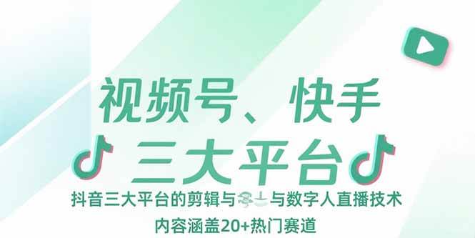 （15449期）视频号、快手、抖音三大平台的剪辑与数字人直播技术，内容涵盖20+热门赛道-水水网赚
