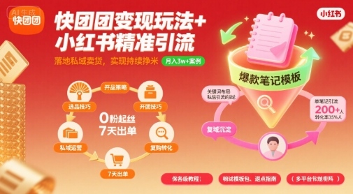 快团团变现玩法+小红书精准引流技巧，助你真正落地私域卖货，实现持续挣米-水水网赚