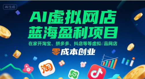 AI虚拟网店蓝海盈利项目，在家开淘宝、拼多多、抖店等虚拟品网店，零成本创业-水水网赚
