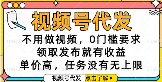 视频号代发，不用做视频，0门槛要求，领取发布就有收益，单价高，任务没有无上限【揭秘】-水水网赚