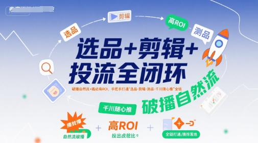 选品+剪辑+投流全闭环，破播自然流+撬动高ROI，手把手打通“选品-剪辑-测品-千川随心推”全链-水水网赚