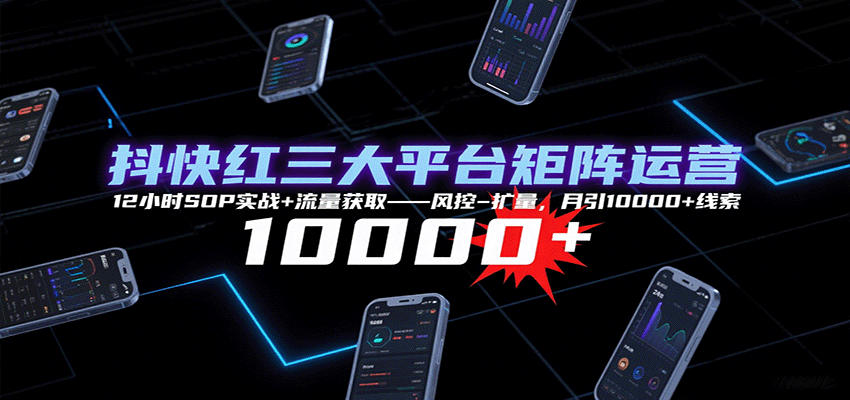 抖快红三大平台矩阵运营，12小时SOP实战+流量获取-风控-扩量，月引10000+线索-水水网赚