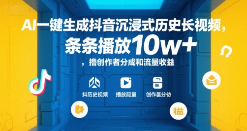 AI一键生成抖音沉浸式历史长视频，条条播放10w+，撸创作者分成和流量收益【揭秘】-水水网赚