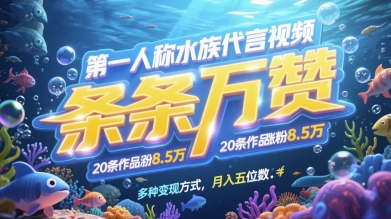 第一人称水族代言视频，条条万赞，20条作品涨粉7.8W，多种变现方式月入五位数-水水网赚