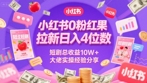 小红书0粉红果短剧拉新日入4位，数短剧总收益10W+大佬实操经验分享-水水网赚