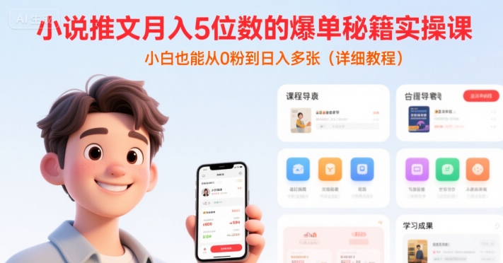 小说推文月入5位数的爆单秘籍实操课，，小白也能从0粉到日入多张(详细教程)-水水网赚