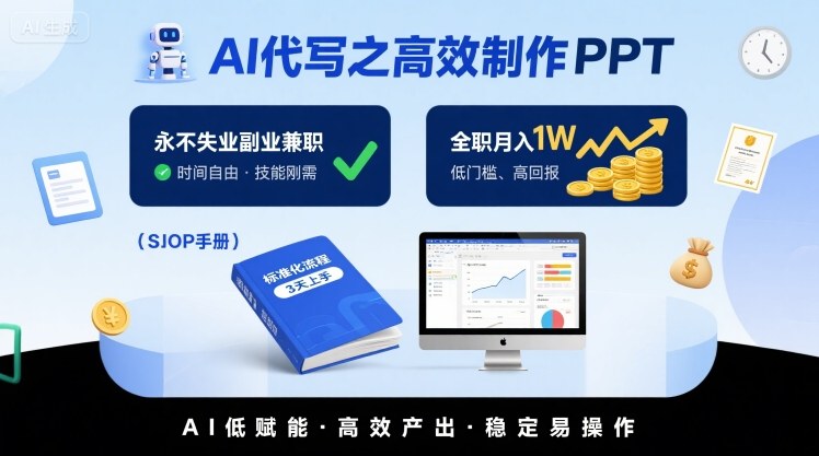 AI代写之高效制作PPT，永不失业副业兼职，全职月入1W【SOP手册】-水水网赚