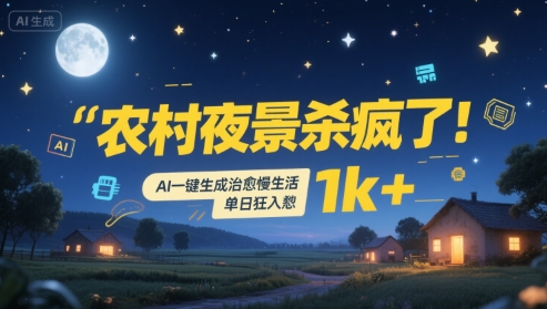农村夜景杀疯了！AI一键生成治愈系慢生活，单日狂入1k+-水水网赚