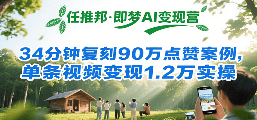 任推邦·即梦AI变现营，34分钟复刻90万点赞案例，单条视频变现1.2万实操-水水网赚