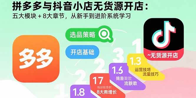 （15805期）拼多多与抖音小店无货源开店：五大模块+8大章节，从新手到进阶系统学习-水水网赚