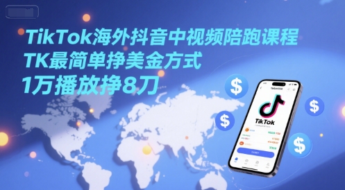 TikTok海外抖音中视频陪跑课程，TK最简单挣美金方式，1万播放挣8刀-水水网赚