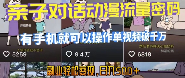 AI引爆短视频，亲子对话动漫流量密码，有手机就可以操作，单视频破千万播放，副业轻松变现，日入5张【揭秘】-水水网赚