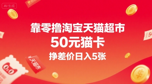 靠零撸淘宝天猫超市50元猫卡，挣差价日入5张-水水网赚