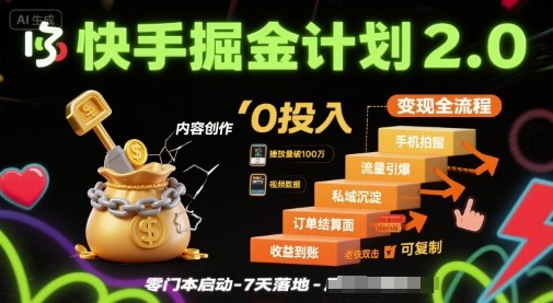快手掘金计划2.0，快手电商变现全流程，简单可复制，0投入-水水网赚
