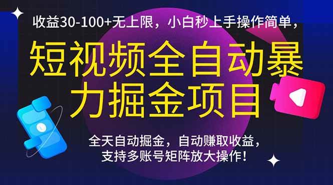 （15035期）短视频全自动暴力掘金项目，收益30-100+无上限，小白秒上手，操作简单，..-水水网赚