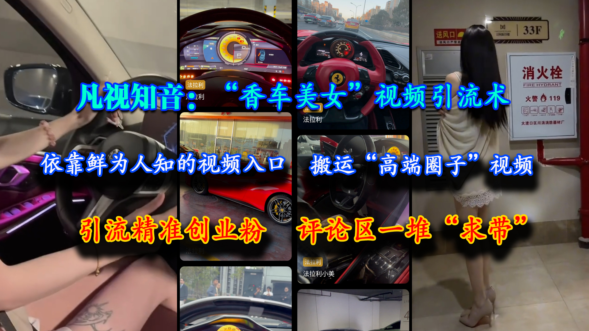 （15199期）凡视知音：“香车美女”视频引流术，依靠鲜为人知的视频入口，搬运“高端圈子”视频，引流精准创业粉，评论区一堆“求带”-水水网赚