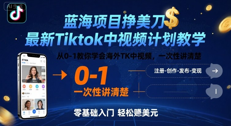 蓝海项目挣美刀，最新Tiktok中视频计划教学，从0-1教你学会海外TK中视频，一次性讲清楚-水水网赚